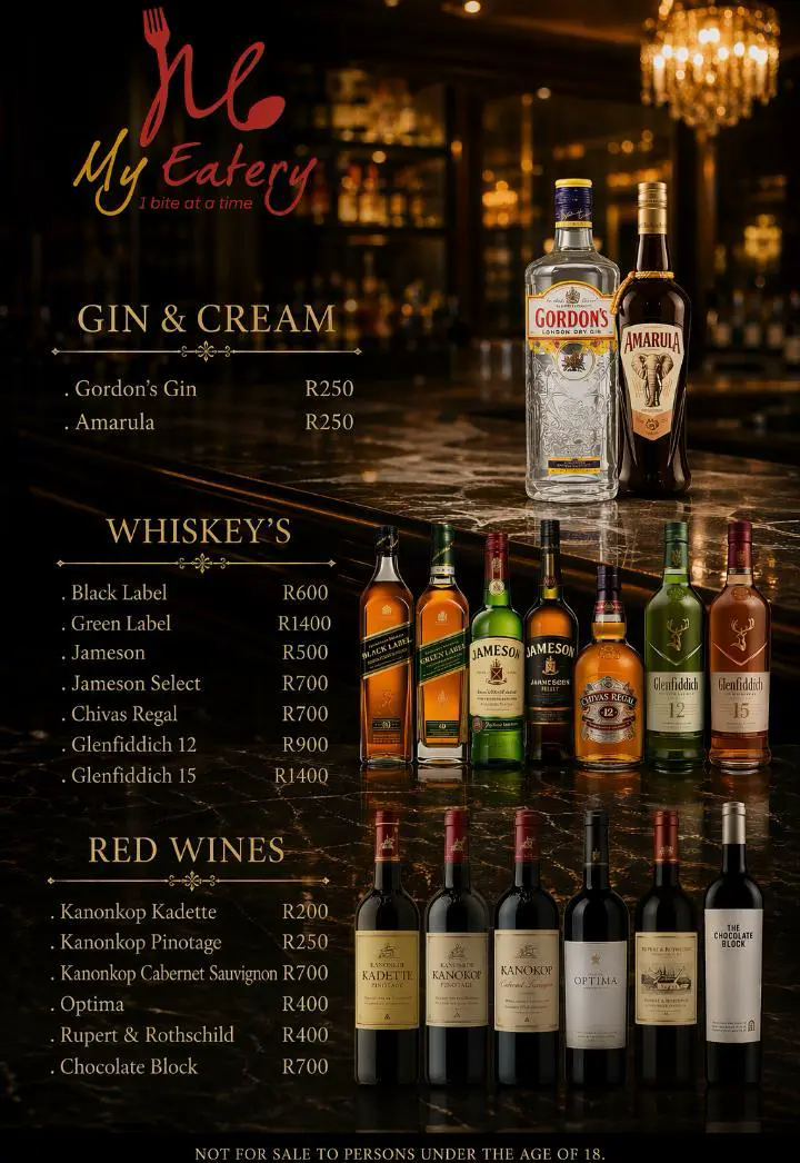 Dark elegant bar drinks menu advertisement with liquor bottles and pricing